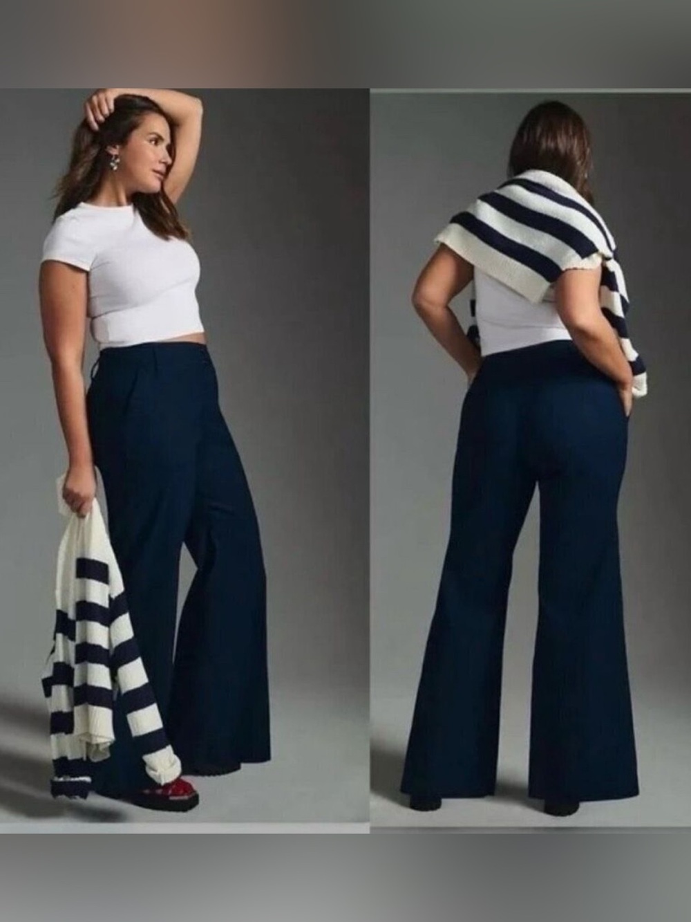 MAEVE Sz 8 Naomi Navy Blue Linen Blend Wide  Leg Flare Stretch Pants Orig $170